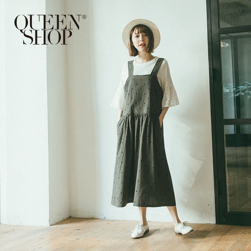 QUEENSHOP【01083927】 滿版點點口袋棉麻吊帶裙＊預購＊