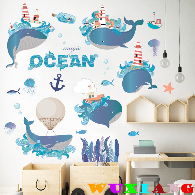 五象設計 壁貼 居家裝飾 牆貼 海洋鯨魚 藍色夢幻海豚