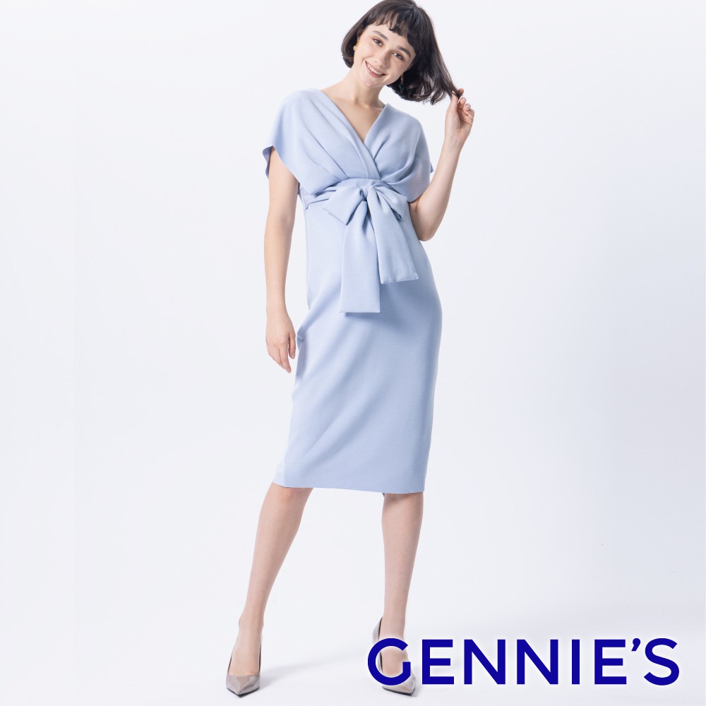 【Gennies 奇妮】氣質V領小禮服孕婦洋裝-藍(T1L06)