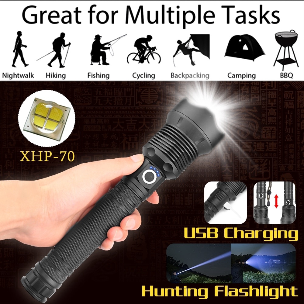 XLamp xhp70.2最強大的手電筒usb充電變焦led手電筒xhp70 xhp50露營用18650或26650電池