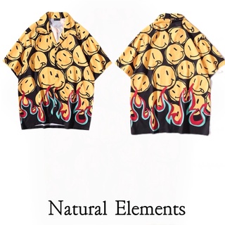 【Natural Elements】襯衫男 短袖 微笑 火焰 塗鴉 男生 夏季 古巴 美式