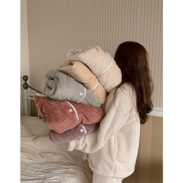 韓國代購官網Juuneedu新款蕾絲絨毛睡衣居家服套裝