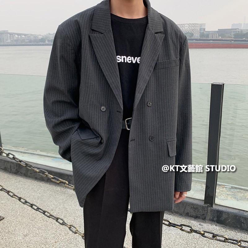 條紋西裝西服m 2xl 夾克穿搭空間韓版男士西外套男灰色西裝外套兩粒雙排扣外套休閒寬鬆西裝 蝦皮購物