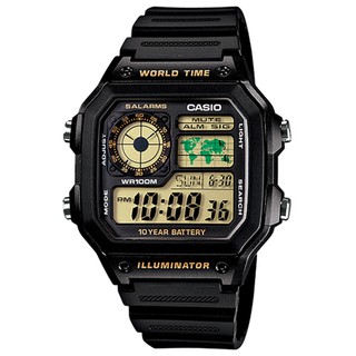 【CASIO】十年之旅世界城市方款膠帶電子錶-黃面(AE-1200WH-1B)正版宏崑公司貨