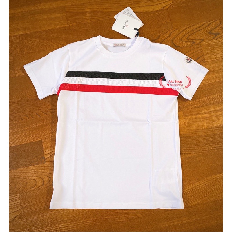 Moncler 法國經典配色網狀條紋Logo 白色、深藍色 童裝短袖T恤、男、女成人可穿。