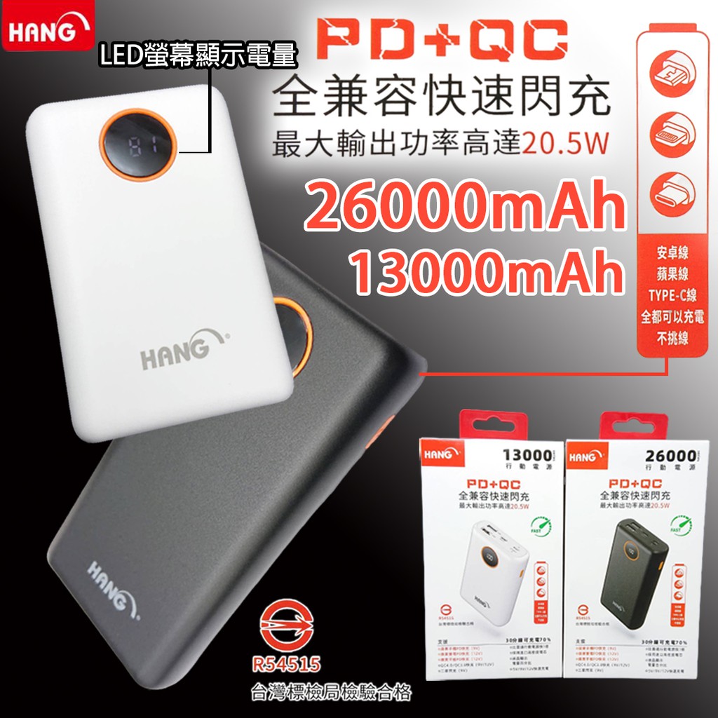 HANG 26000mAh 13000mAh 大容量 三輸出 行動電源 行充 隨充 電量顯示 支援PD QC快充 全兼容