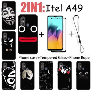 2 合 1 Itel A49 手機殼帶鋼化玻璃螢幕保護膜黑色系列