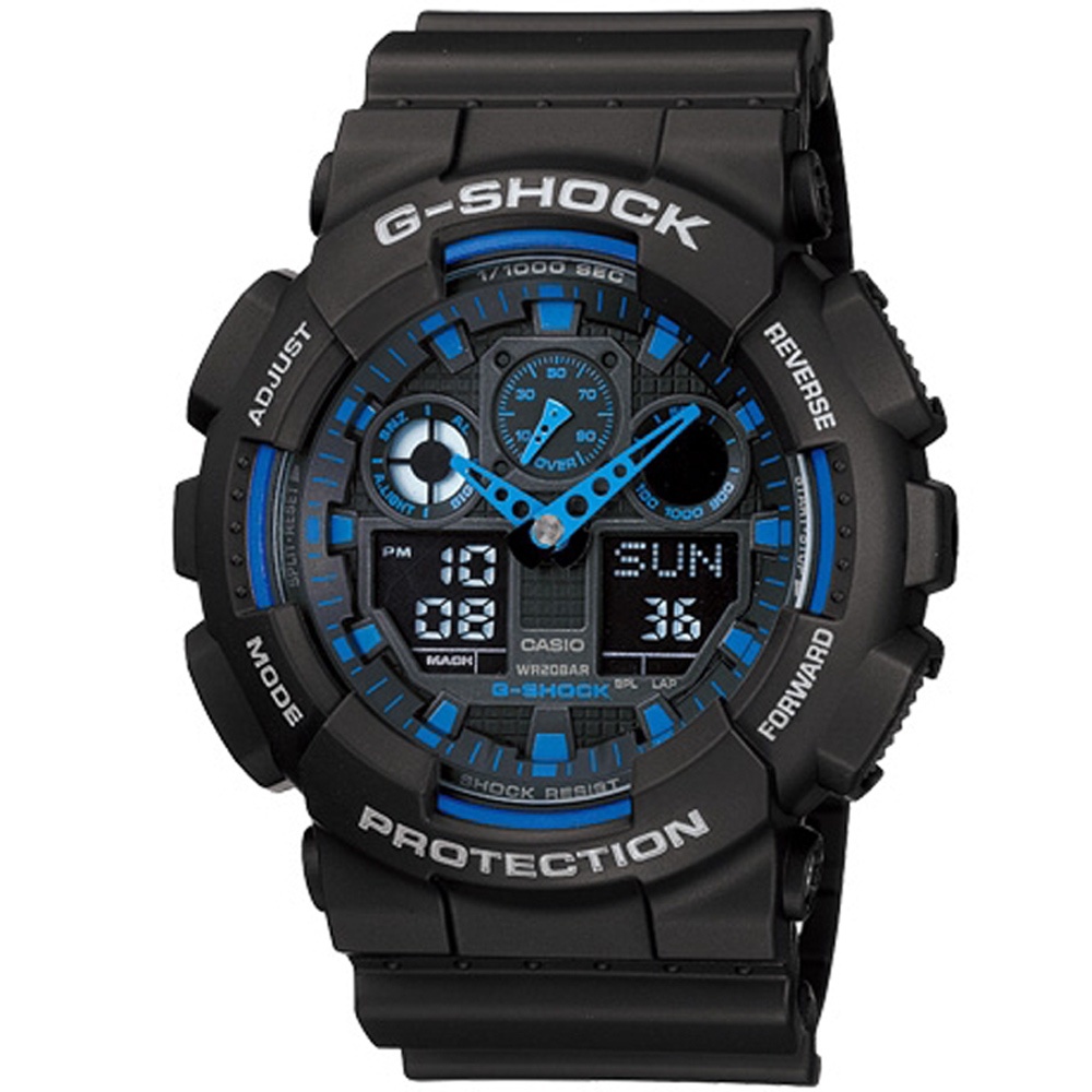 CASIO 卡西歐G-SHOCK 立體感重型運動錶隱藏版-黑藍色(GA-100-1A2)原廠公司貨