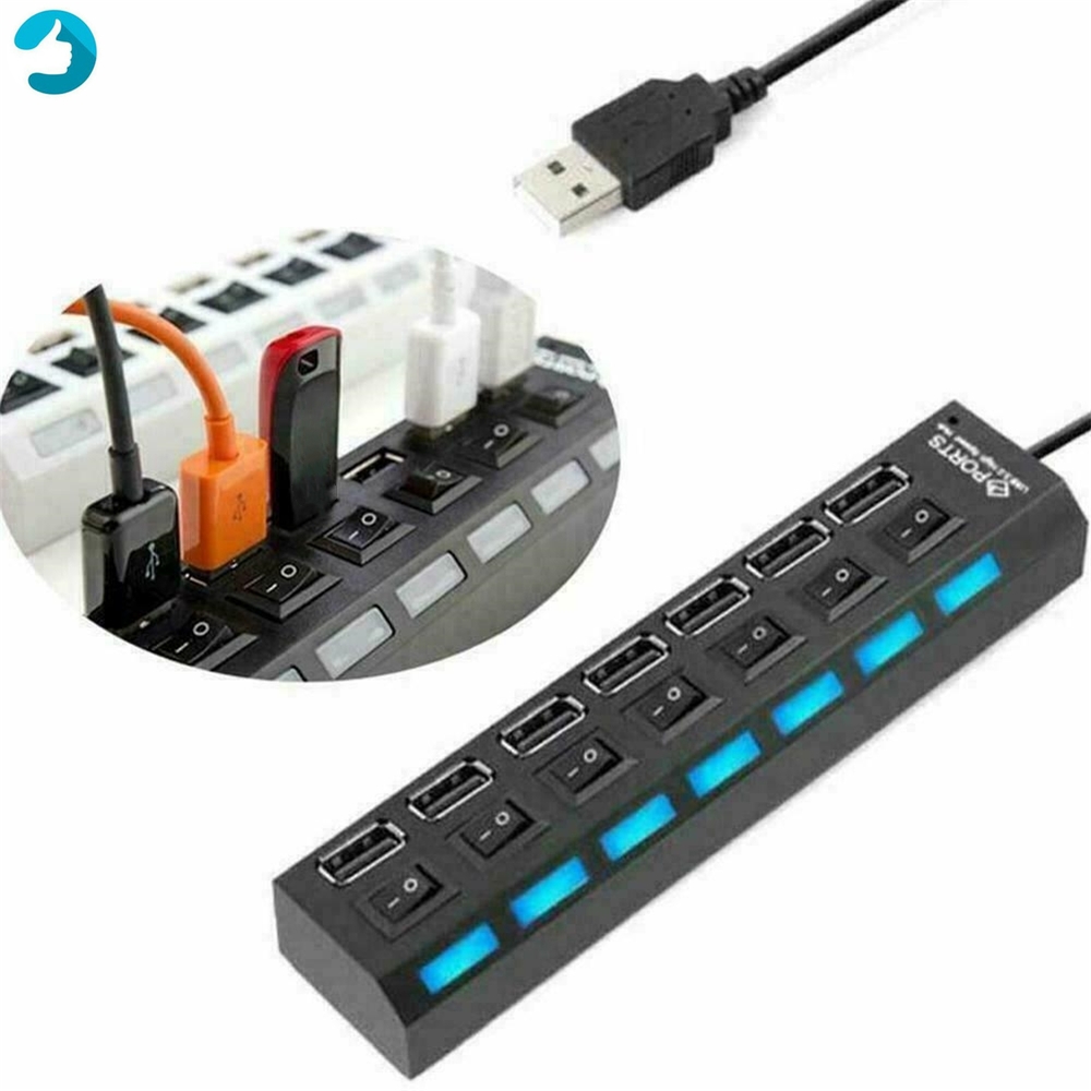 Usb 2 0 Hub 多usb 分配器7 端口擴展器多個usb 電源適配器 帶用於pc 的開關 蝦皮購物