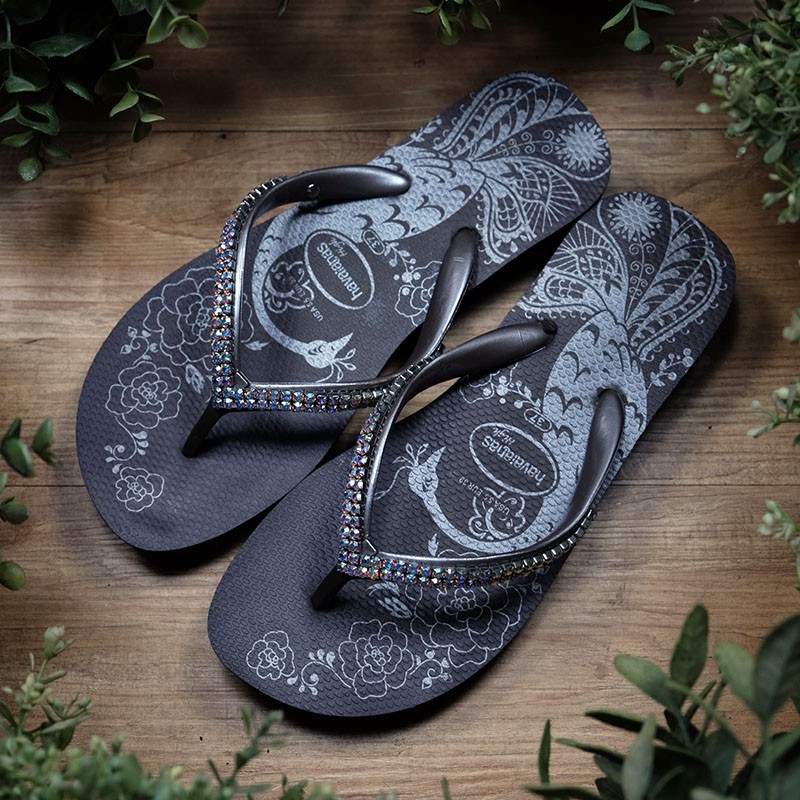 [ LIZcolor ] Havaianas巴西拖鞋xSwarovski施華洛世奇聯名/三公分厚底/雙排水鑽/咖啡底彩鑽