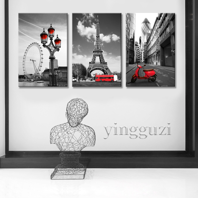 實木框畫 ins 北歐裝飾畫 時尚 巴黎街景 埃菲爾鐵塔 倫敦 摩天輪 紅色巴士 居家裝飾 客廳掛畫 生日禮物 無框畫