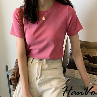 【HanVo】基本款百搭純色短袖素T恤 韓版純棉休閒圓領短袖上衣 簡約時尚基本款 韓系女裝 女生衣著 A01-1116