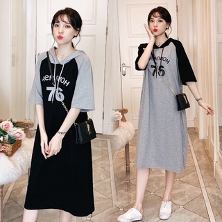 大尺碼 夏天女裝 時尚女裝 洋氣顯瘦連衣裙大碼女裝夏裝寬松連帽T恤裙 大尺碼女裝 大尺碼上衣
