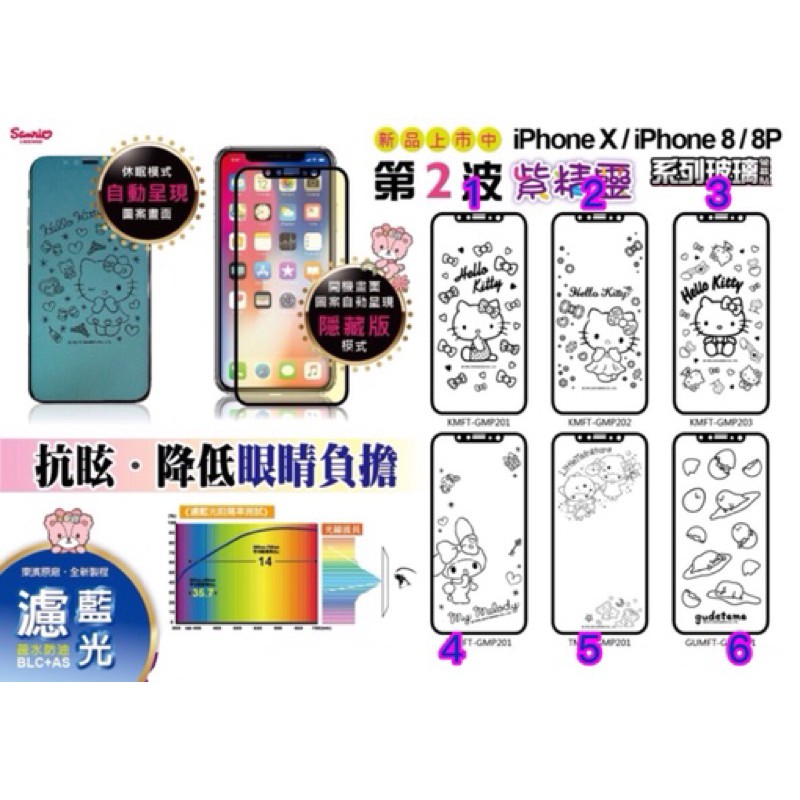 IPHONE X/XS/I8/8PLUS  KITTY/雙子星/美樂蒂/蛋黃哥  濾藍光滿版玻璃貼 藍光玻 贈送背貼