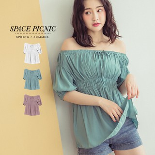Space Picnic｜素面綁帶縮腰一字領上衣【C19033022】