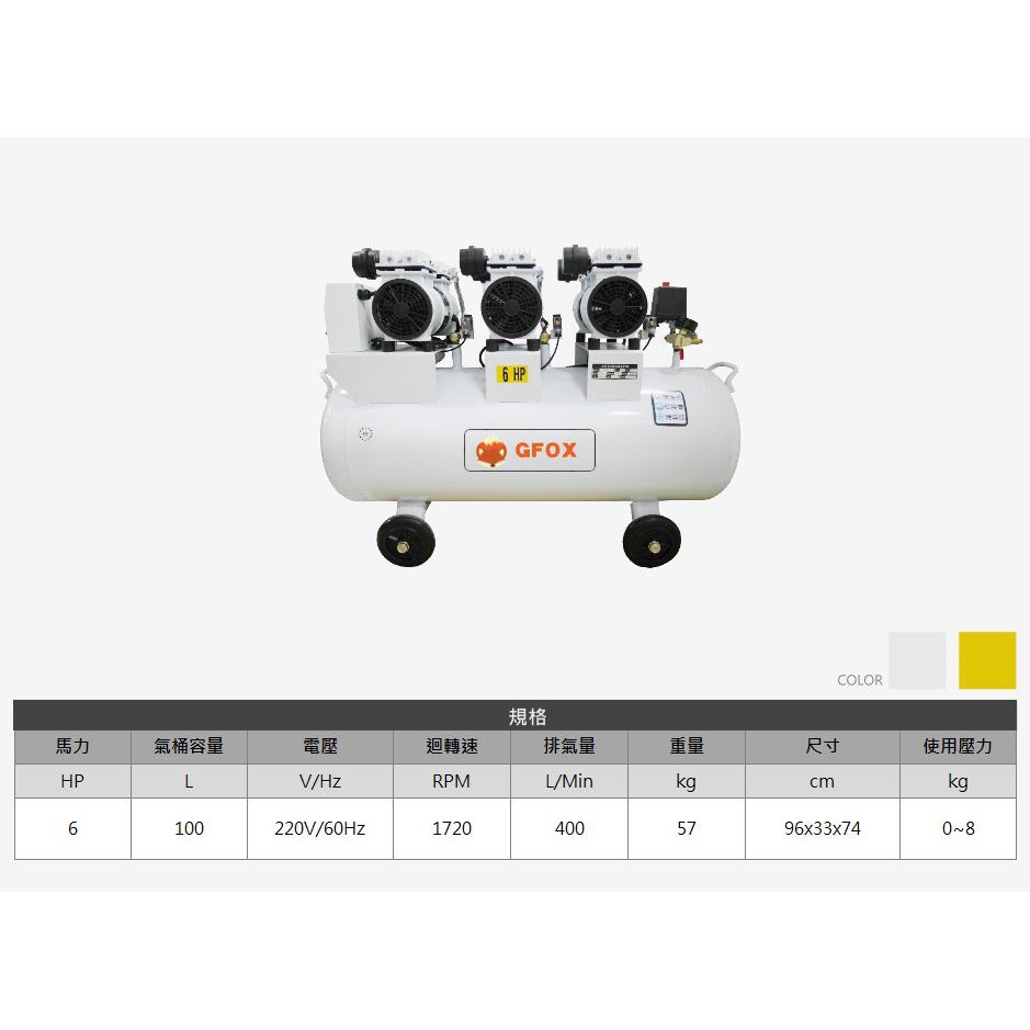 附發票 GFOX 無油式 雙缸 6HP 100L 220V/60Hz 空壓機 空氣壓縮機 汽車美容