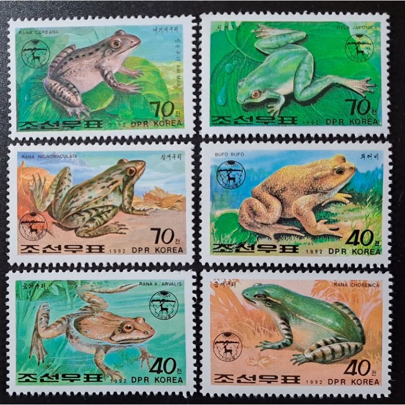 北韓郵票青蛙大蟾蜍黑斑蛙日本雨蛙朝鮮蛙郵票1992年9月10日發行全新（一組6張）特價