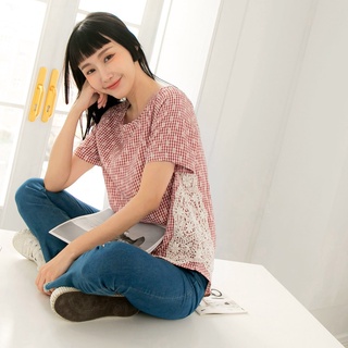 OB嚴選 長版葉子格紋拼接蕾絲短袖上衣 《AB15297》全館現貨大尺碼/女裝/現貨