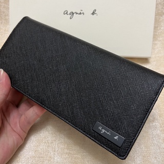 全新 agnes b 鐵牌 黑色 藍色 寶藍色 防刮 牛皮 掀蓋 翻蓋 皮夾 長夾 男用 正品 撞色 小b 日本限定