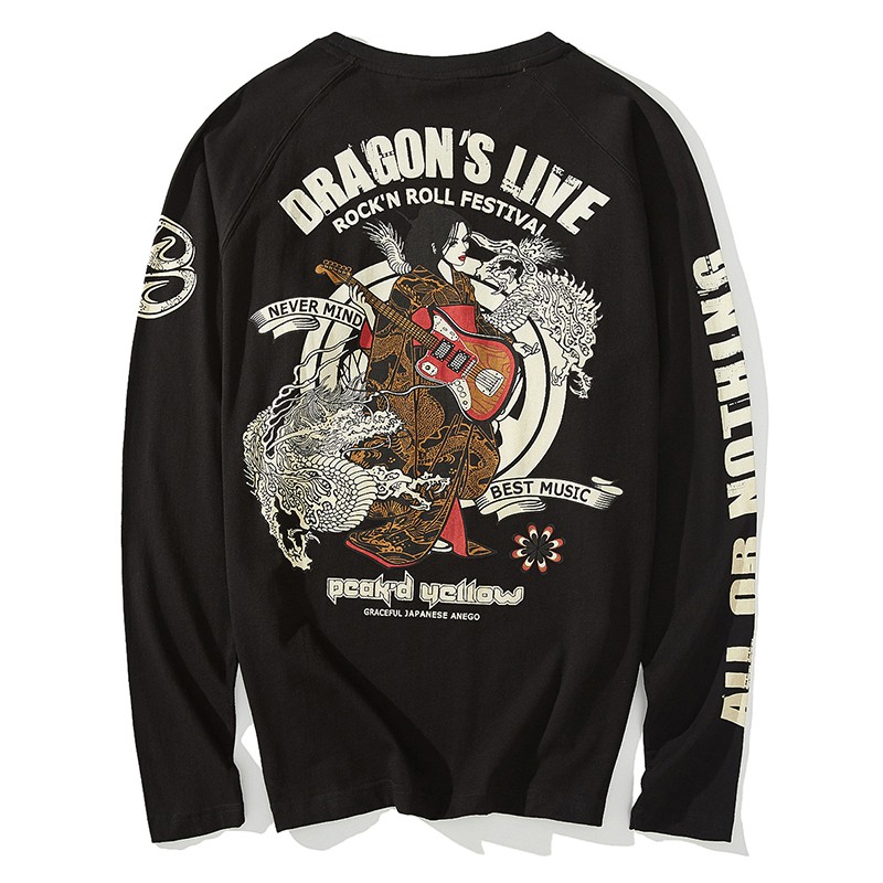 爆音娘bakuon長袖插肩潮牌t恤花魁樂隊搖滾吉他日系ins秋男女情侶 蝦皮購物