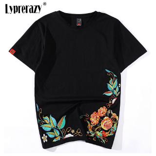 Lyprerazy 男士嘻哈中國牡丹刺繡花卉 T 恤街頭服飾上衣 T 恤原宿刺繡民族服裝