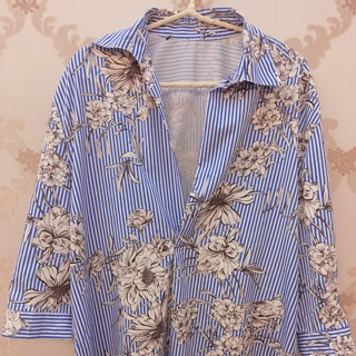 正韓 韓國 夏日 罩衫 襯衫 藍條紋 花繪 七分袖