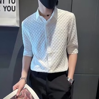【M-3XL】高品質冰絲白色短袖襯衫男士潮流短袖襯衫夏季休閒上衣