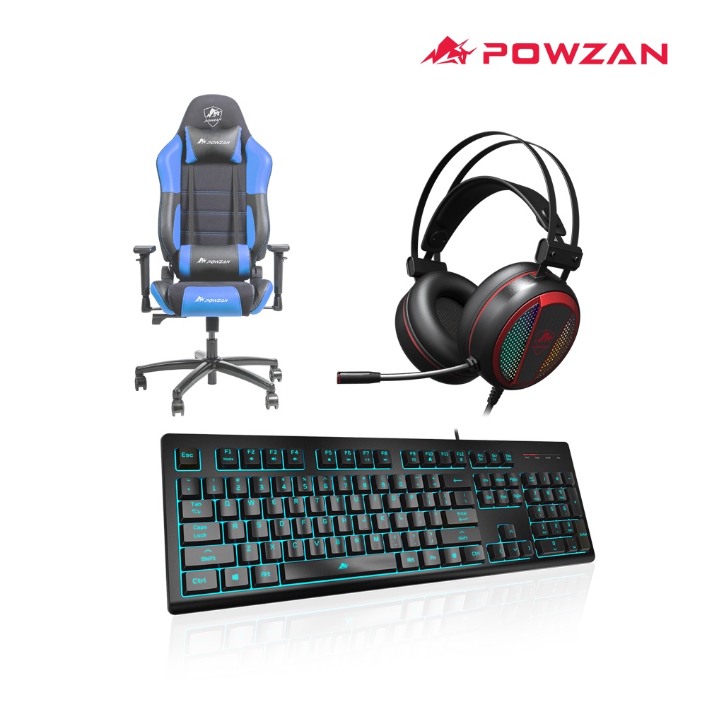 POWZAN CR-GC603黑藍電競椅+POKB800幻彩薄膜鍵盤+SONAR CH400 RGB電競耳機【超值三件組