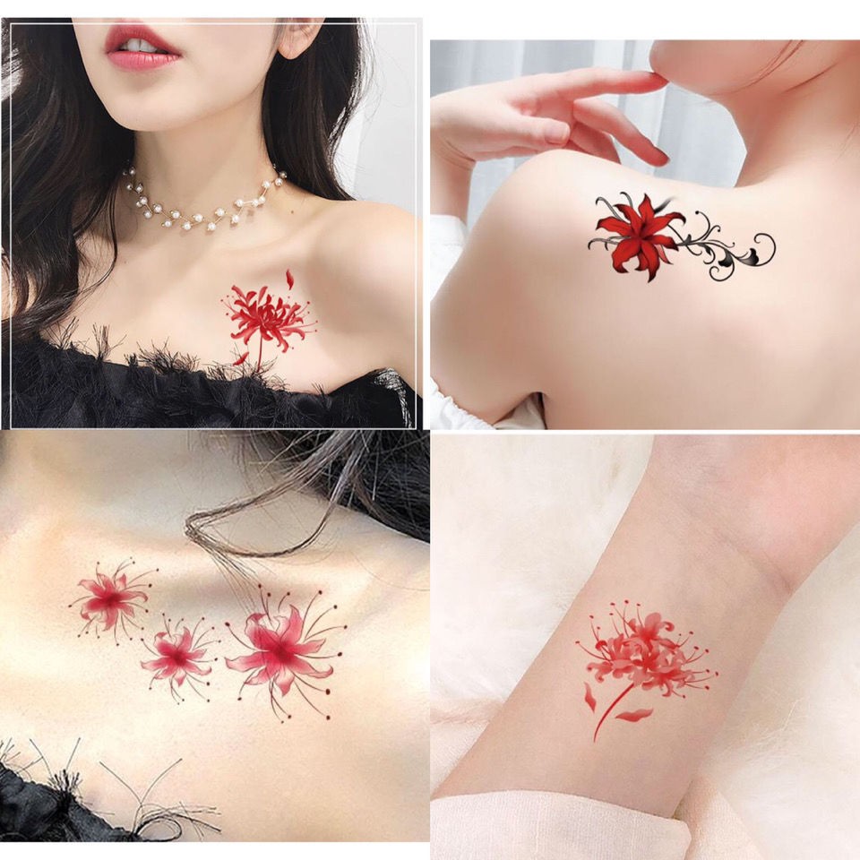 店鋪上新 彼岸花紋身貼曼珠沙華防水女持久韓國仿真小清新可愛性格鎖骨花臂 蝦皮購物