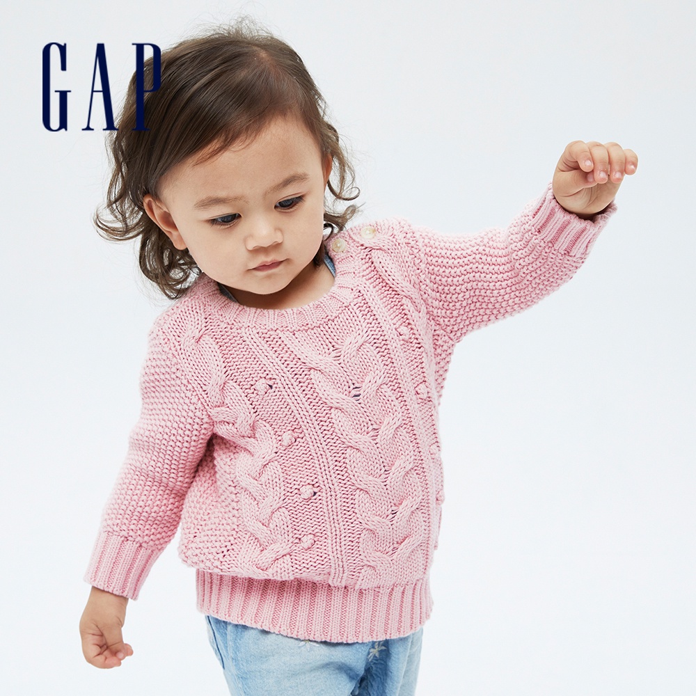 Gap 嬰兒裝 麻花紋圓領毛衣-粉色(703944)