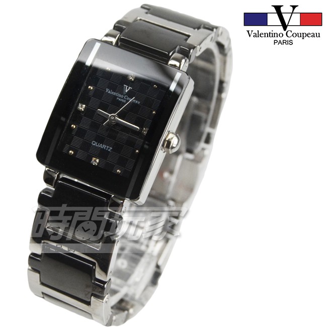 valentino coupeau范倫鐵諾 V61222黑小 晶鑽時刻方形菱格紋女錶 防水手錶 黑陶瓷【時間玩家】