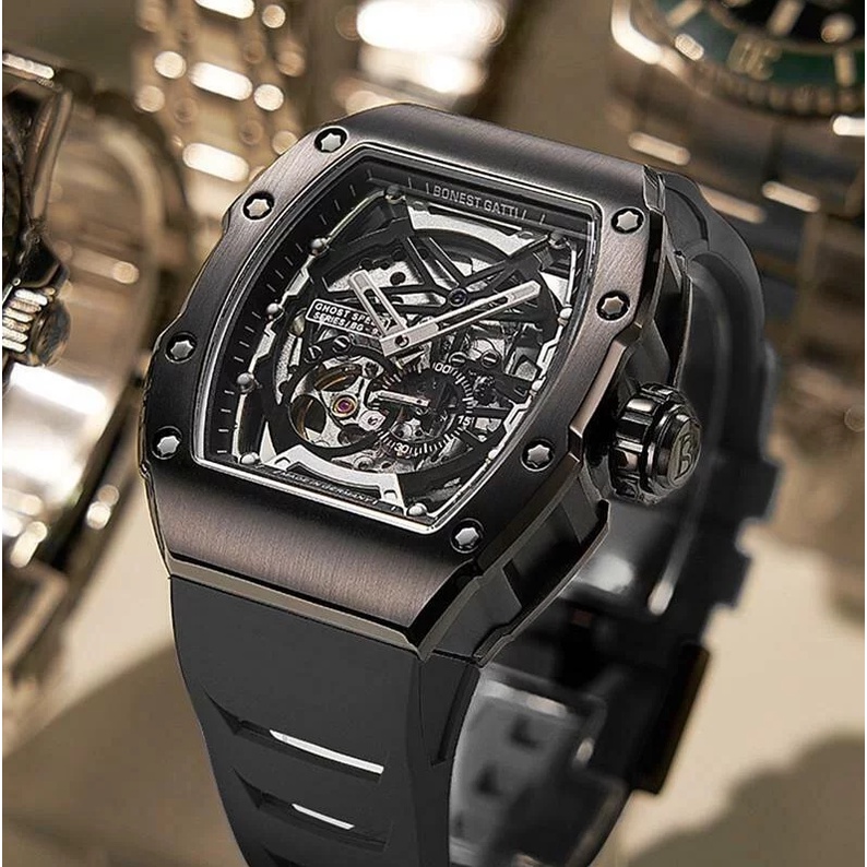 Bonest gatti布加迪德國機械錶/藍寶石鏡面/自動錶/鏤空透底/矽膠橡膠錶帶/瑞士錶/高度防水錶/陀飛輪/寶加地