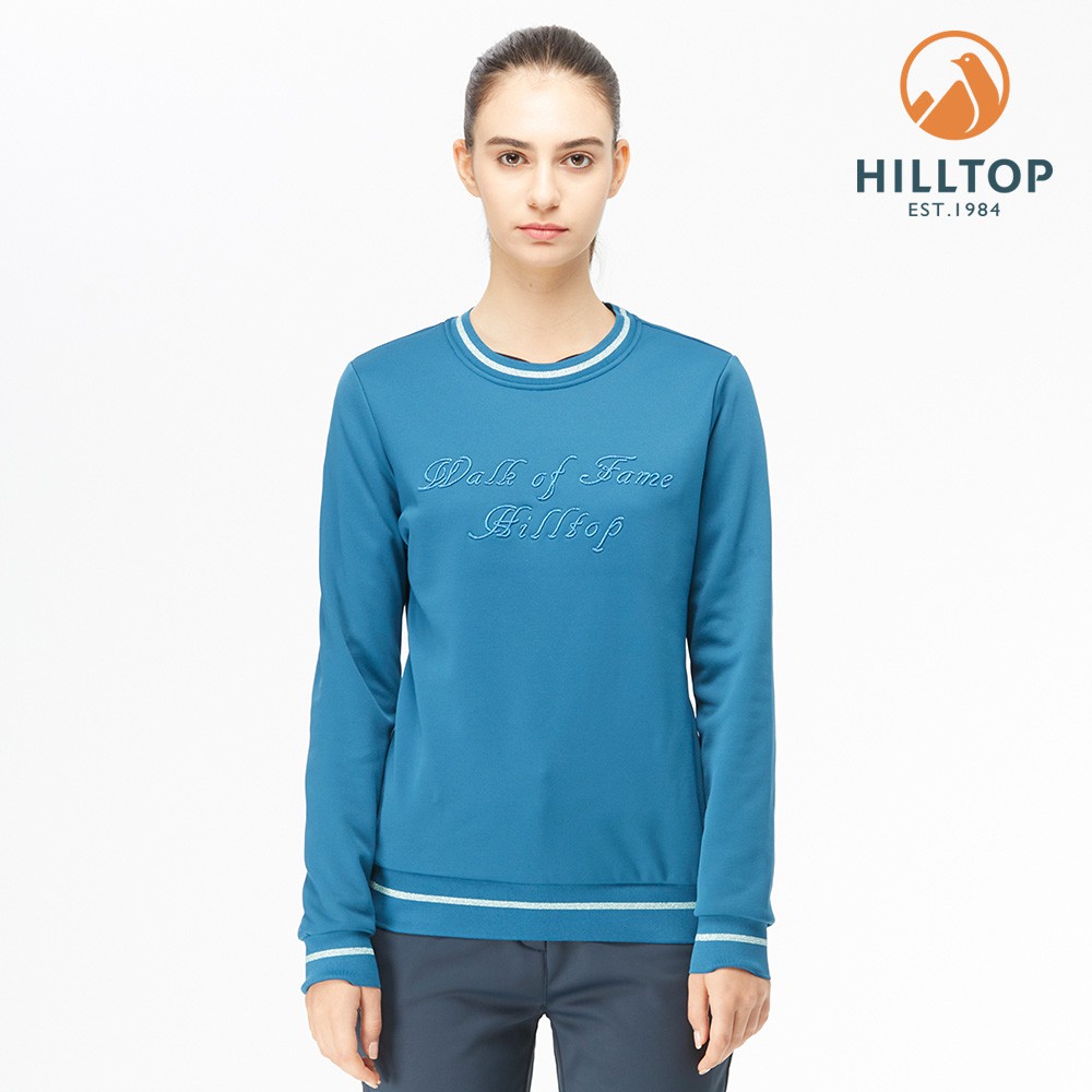 【Hilltop山頂鳥】女款POLYGIENE抗菌金蔥繡花圓領刷毛上衣 H51FJ- 藍