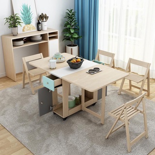 北歐折疊桌子傢用小戶型可收納木桌長方形多功能餐桌椅組閤4人00