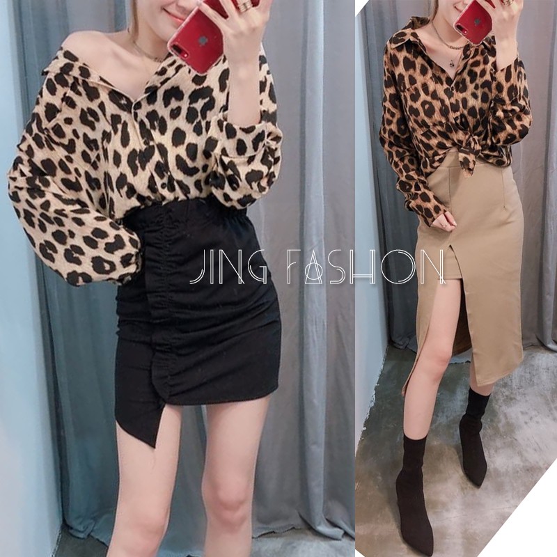 深豹紋現貨秒出售完不再♥️實拍【JinG】滑料雪紡質感寬版襯衫 可綁帶V領長袖上衣 一字領斜肩有領罩衫