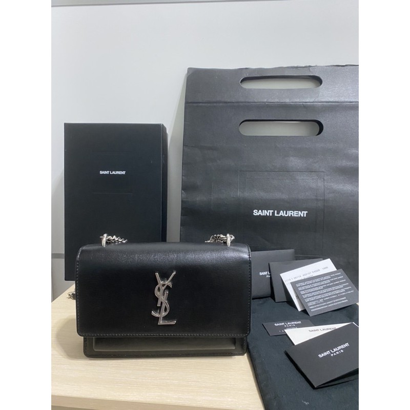 YSL Sunset mini 金屬LOGO日落包/三用鏈條包#黑銀