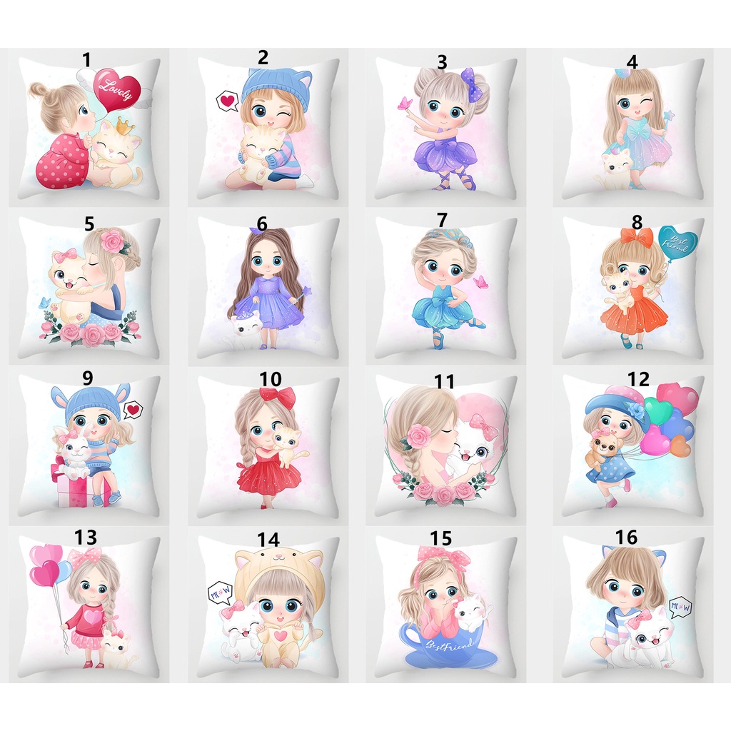 可愛的女孩貓枕套60 x 60。 45 × 45.40 × 40.房間裝飾抱枕套。兒童房裝飾靠墊套