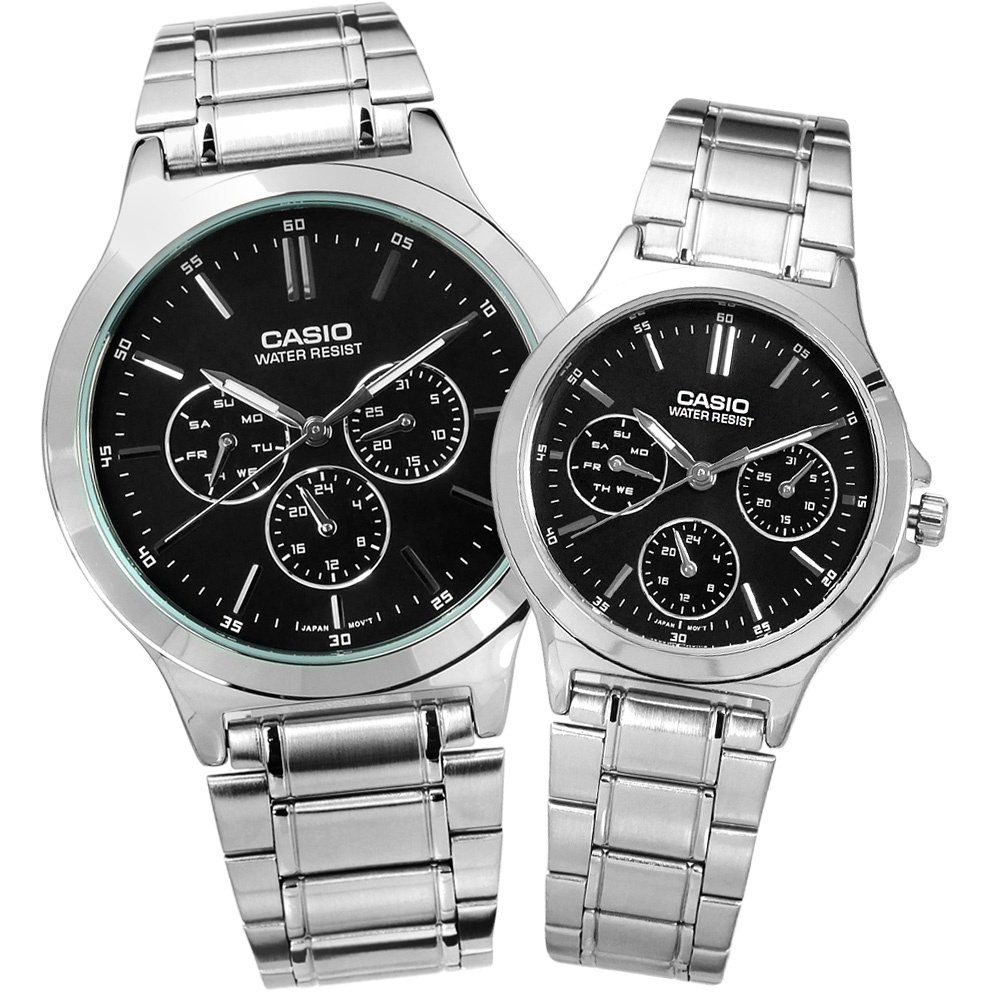 CASIO / 卡西歐 簡約三眼 星期日期 不鏽鋼手錶 情侶對錶 黑色 40mm+32mm