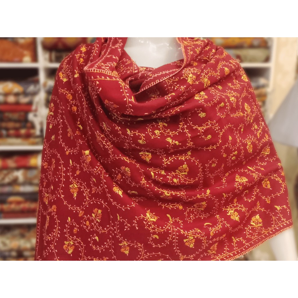 印度喀什米爾 100%純羊毛手工單色刺繡 有機植物藤蔓圖樣設計 大紅色圍巾披肩 Cashmere Pashmina