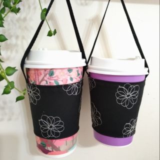刺繡花朵環保飲料提袋 咖啡杯套袋 手搖杯袋