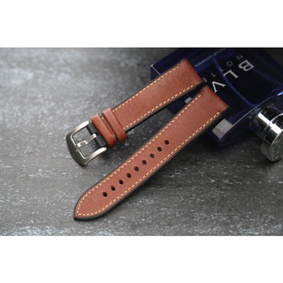 22mm or 20mm.超透氣涼爽棕色+白色縫線 海益施風格真皮＋橡膠複合式智慧錶紳士錶代用錶帶 防水錶帶