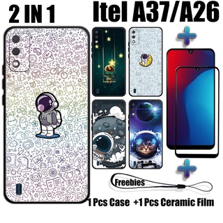 2 合 1 NASA 手機殼帶鋼化玻璃,適用於 Itel A37 Itel A26 手機殼和曲面陶瓷螢幕保護膜