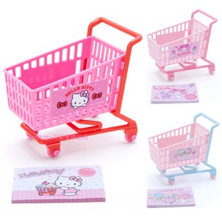 asdfkitty*KITTY.美樂蒂.雙子星 超市推車造型收納籃附便條紙-日本正版商品