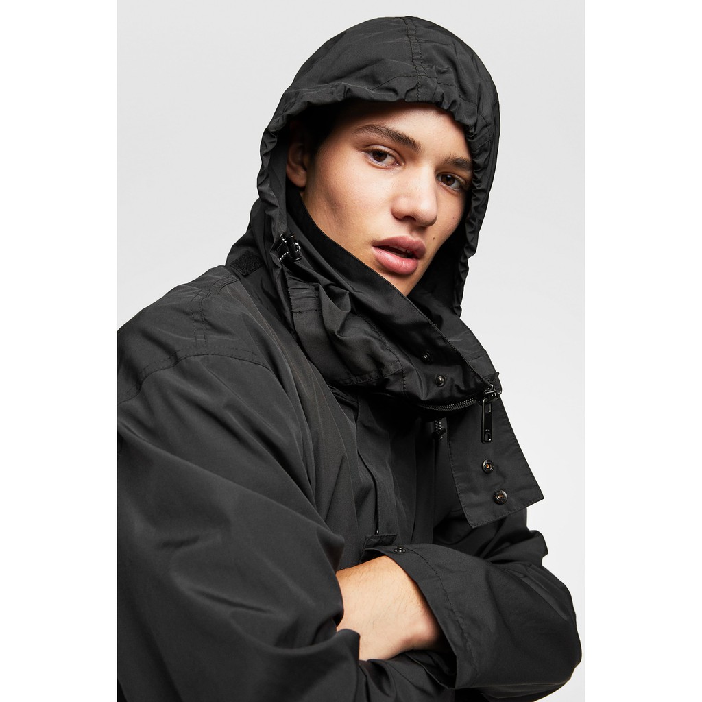 Zara 防風外套防雨連帽外套男裝黑色可攜輕便防曬防潑水高領 蝦皮購物