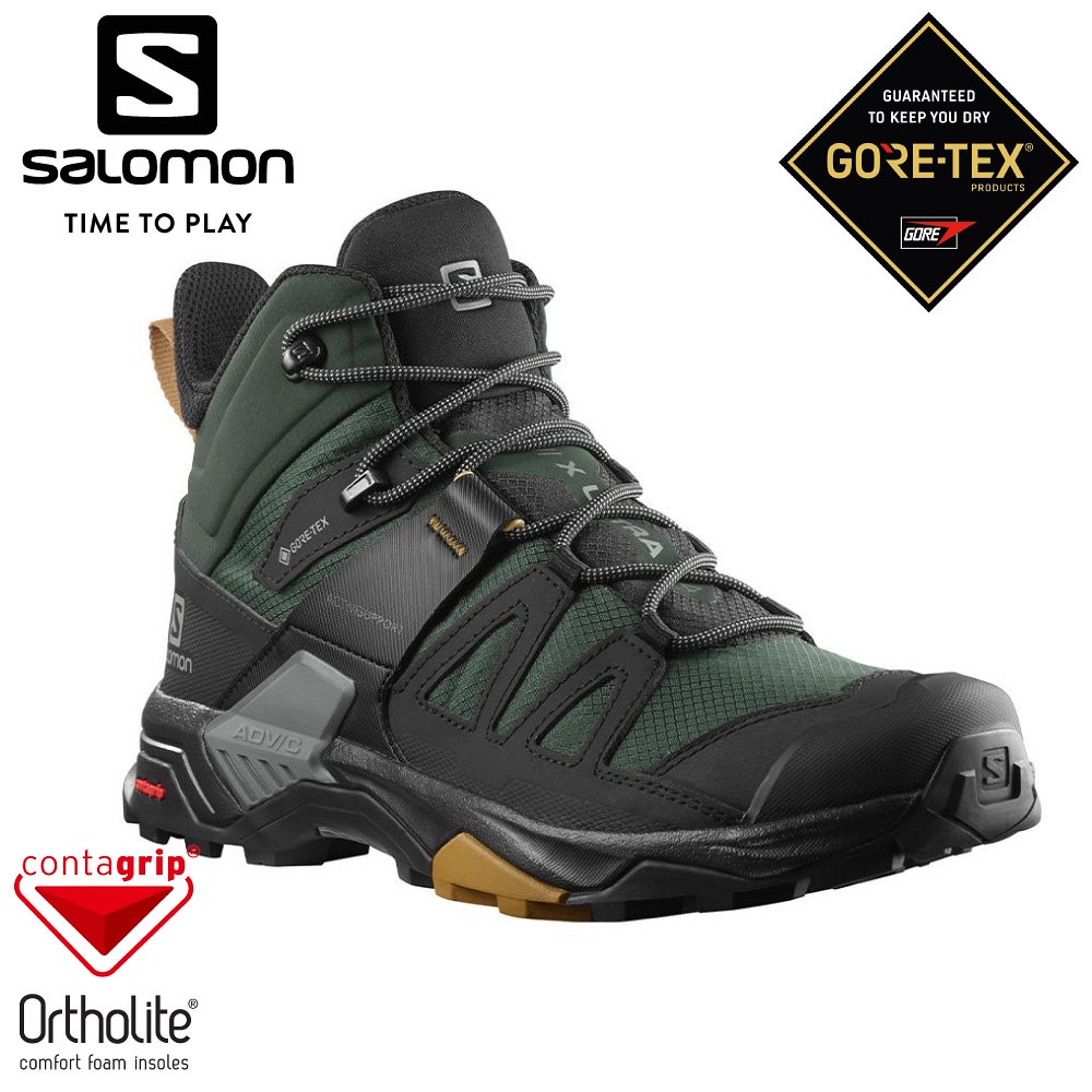 【SALOMON 索羅門 男 X ULTRA 4 GTX中筒登山鞋WIDE(寬楦)《灰綠/黑/黃》】413864