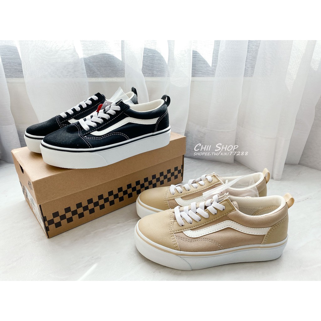 【CHII】日本代購 VANS OLD SKOOL PLAT 童鞋 厚底 帆布+麂皮 黑色 奶茶 V36CK PLAT