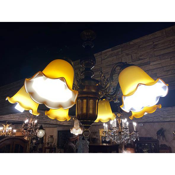 #19世紀  購於義大利琥珀色吹製玻璃燈罩巴洛克式橡木黃銅吊燈 #02076