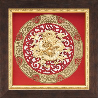 開運陶源雅鑑鑫品 【圓形窗花系列-祥龍獻瑞】 金龍純金箔畫 21 x 21 cm