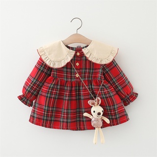 女童服裝韓版休閒童裝娃娃領紅色格子裙送可愛兔子 0-3 歲女孩裙