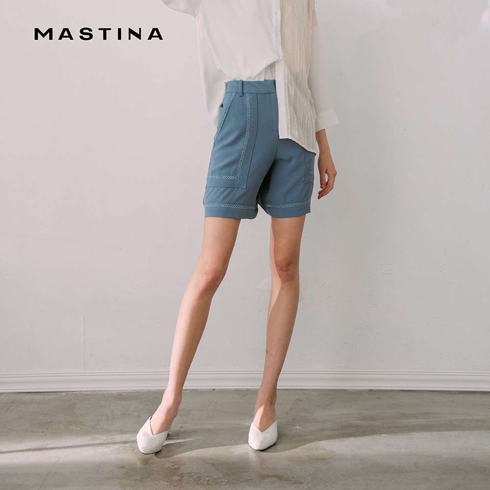 【MASTINA】蕾絲鑲嵌後鬆緊-女短褲 蕾絲 藍 黑(二色/版型合身)